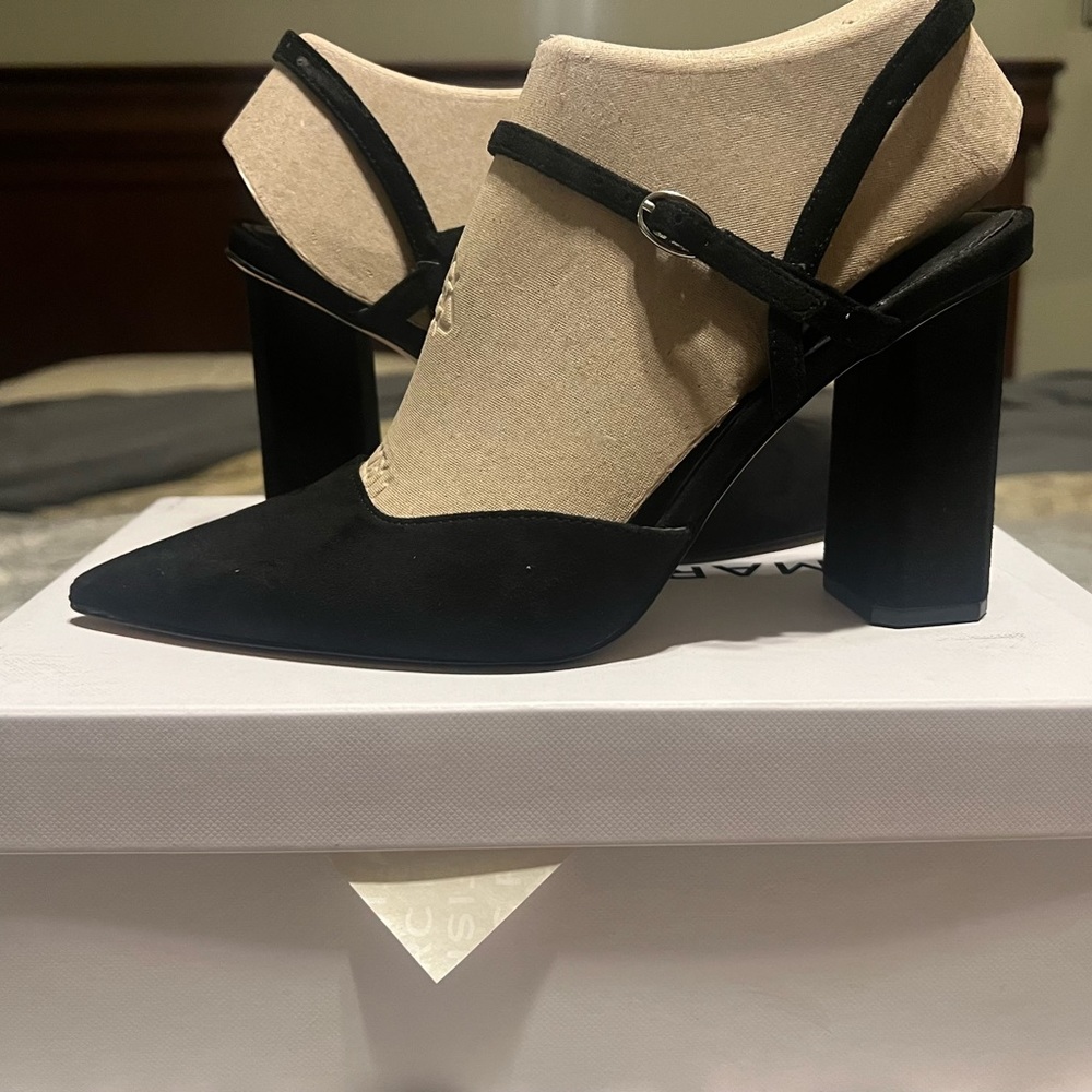 Marc Fisher black suede pump with ankle strap. 3” heel